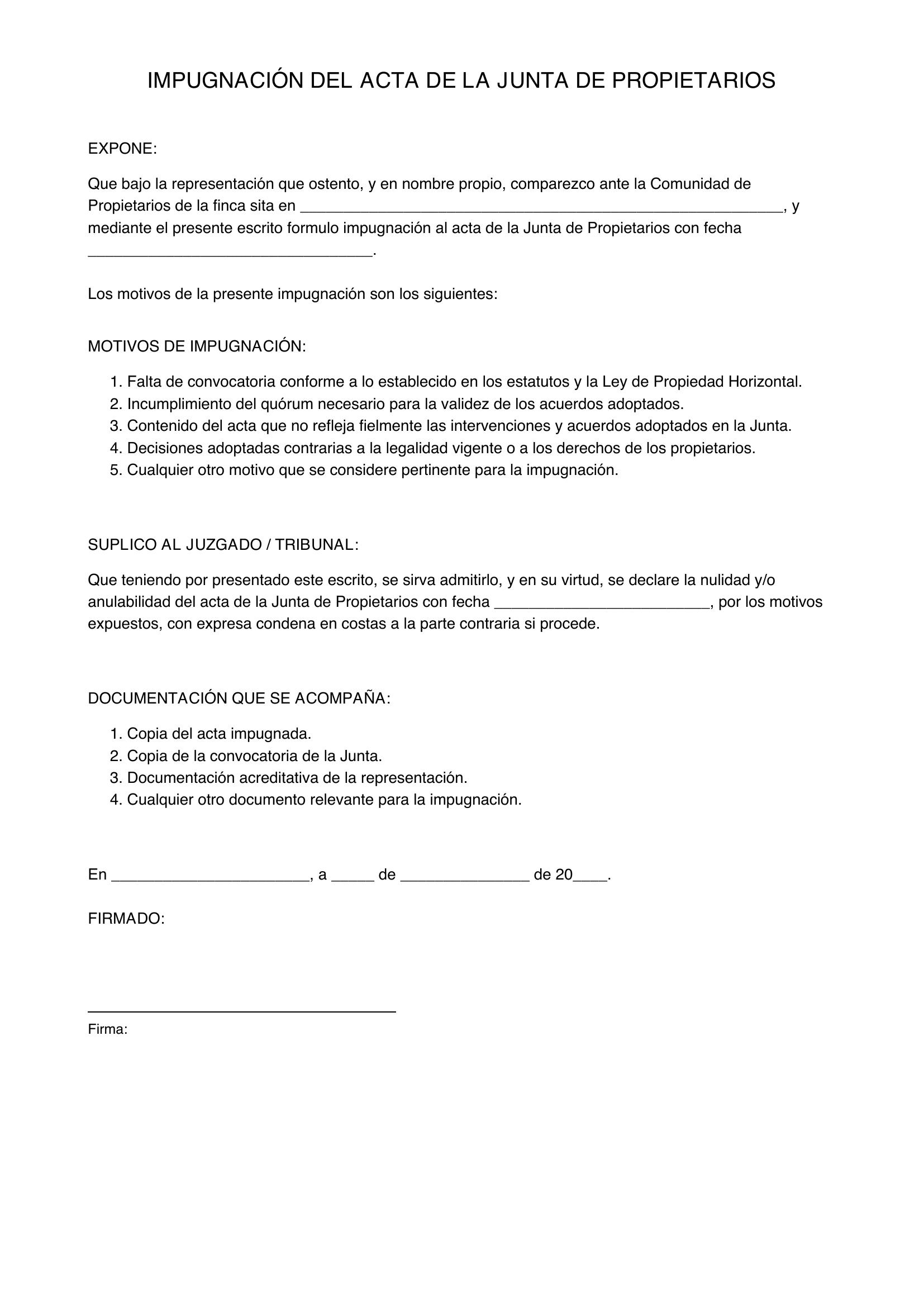 Modelo Para Impugnar Un Acta De Comunidad De Propietarios