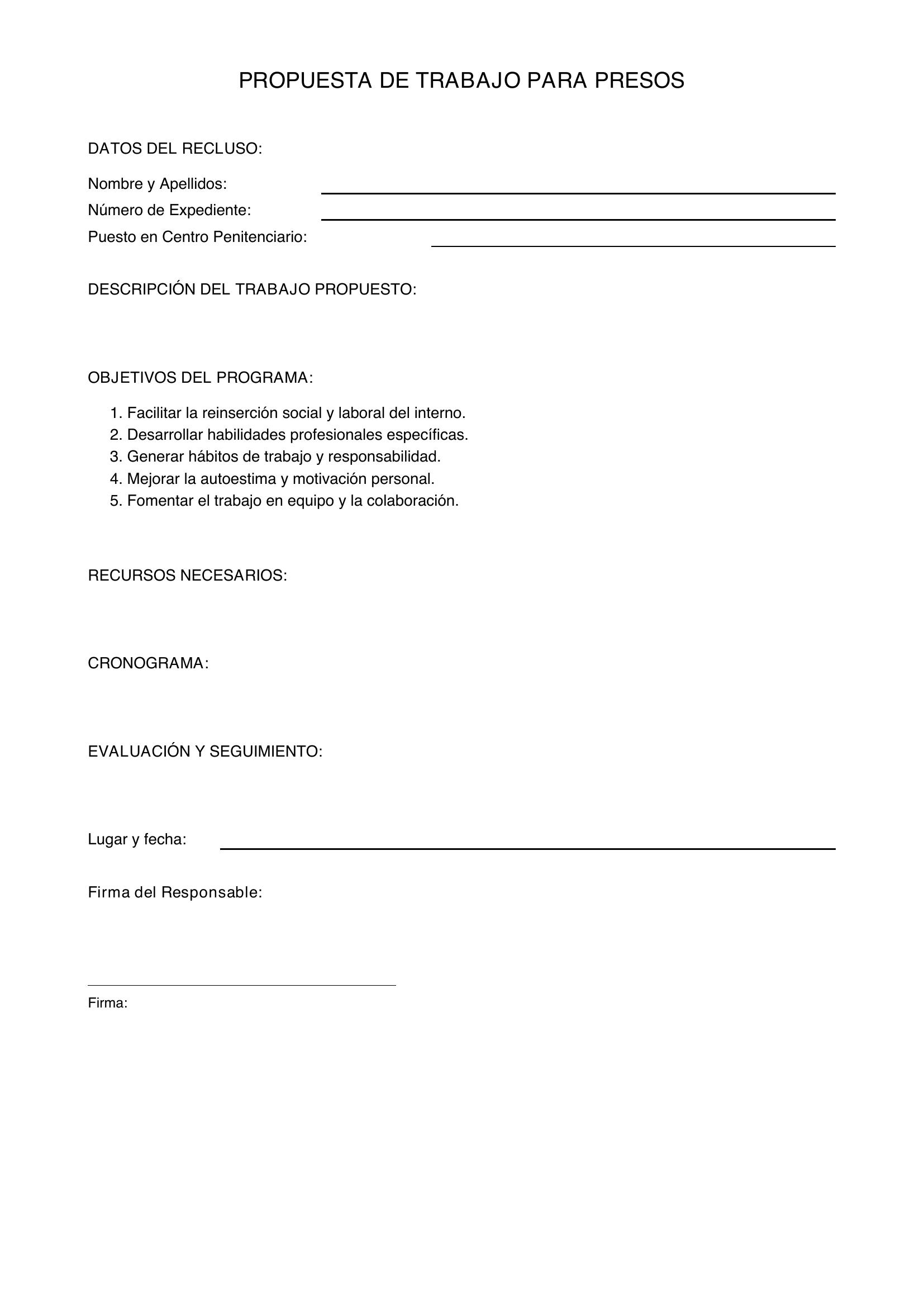 Modelo De Propuesta De Trabajo Para Presos